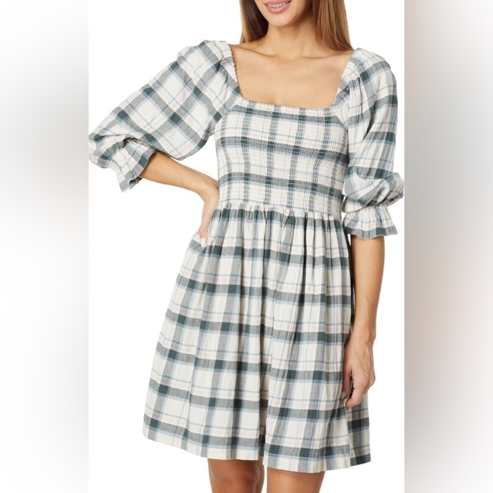 EUC Madewell Lucie Elbow Sleeve Smocked Mini Dress Lebaum Plaid Cotton Small